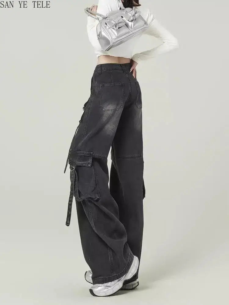 Black Gray Multi Pocket Cargo Jeans Women's Y2K Gothic Baggy Harajuku Oversize Denim Trousers Washed Straight Leg Wide Leg Pants