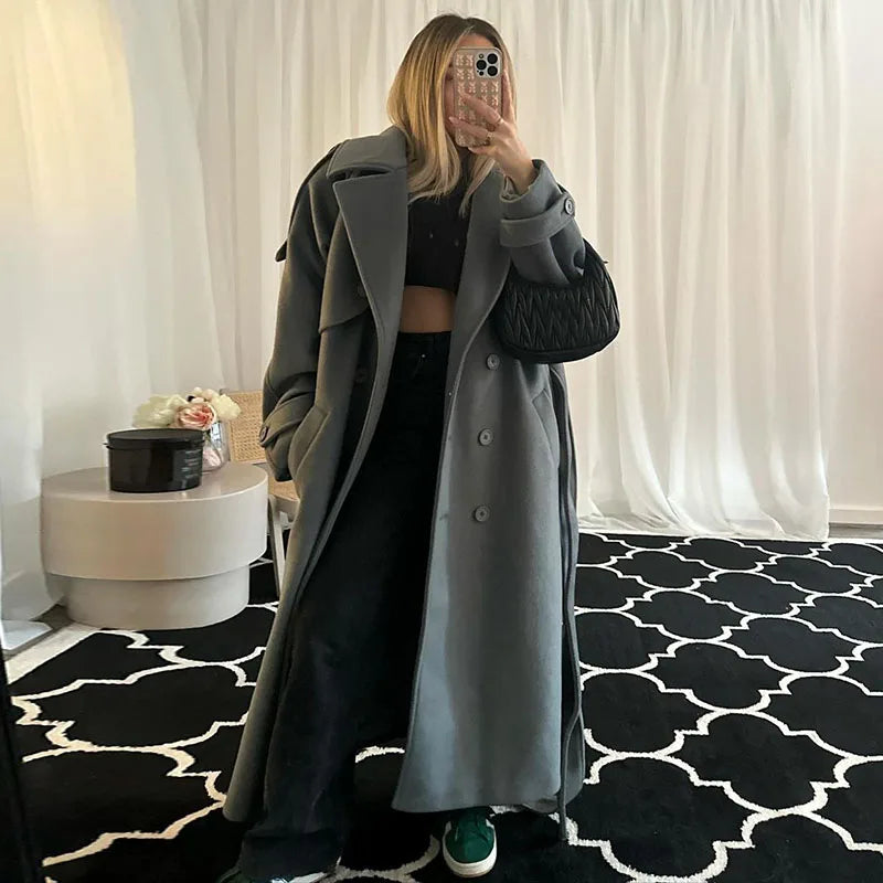 Chic Lace Up Woolen Long Trench Coat Women Gray Double Breasted Lapel Full Sleeve Pocket Coats 2026 Autumn Winter Lady Outwear