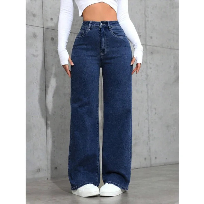 High-Waisted Straight-Leg Jeans Women's Pants Loose Fit American Blue Washed Fashion with Front & Back Pockets Daily Casual Wear