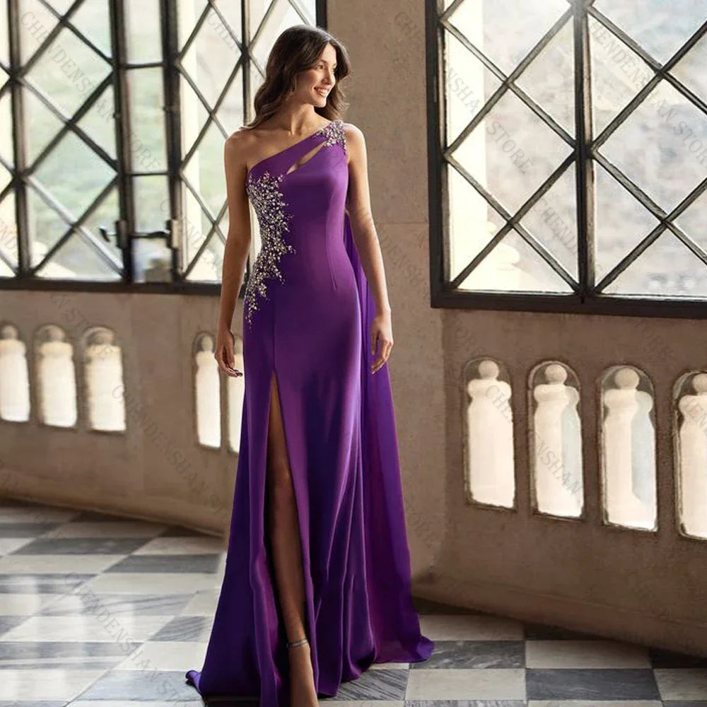 Trendy One Shoulder Evening Dress Satin Mermaid Slit Lace Appliques Robes De Soirée Customized Dresses