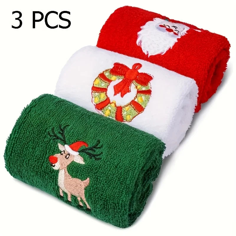 A Set of 3 Randomly Colored Christmas-Themed Embroidered Soft, Skin-Friendly Pure Cotton Towels, Suitable for Daily Use in the Kitchen and Bathroom as Face Towels