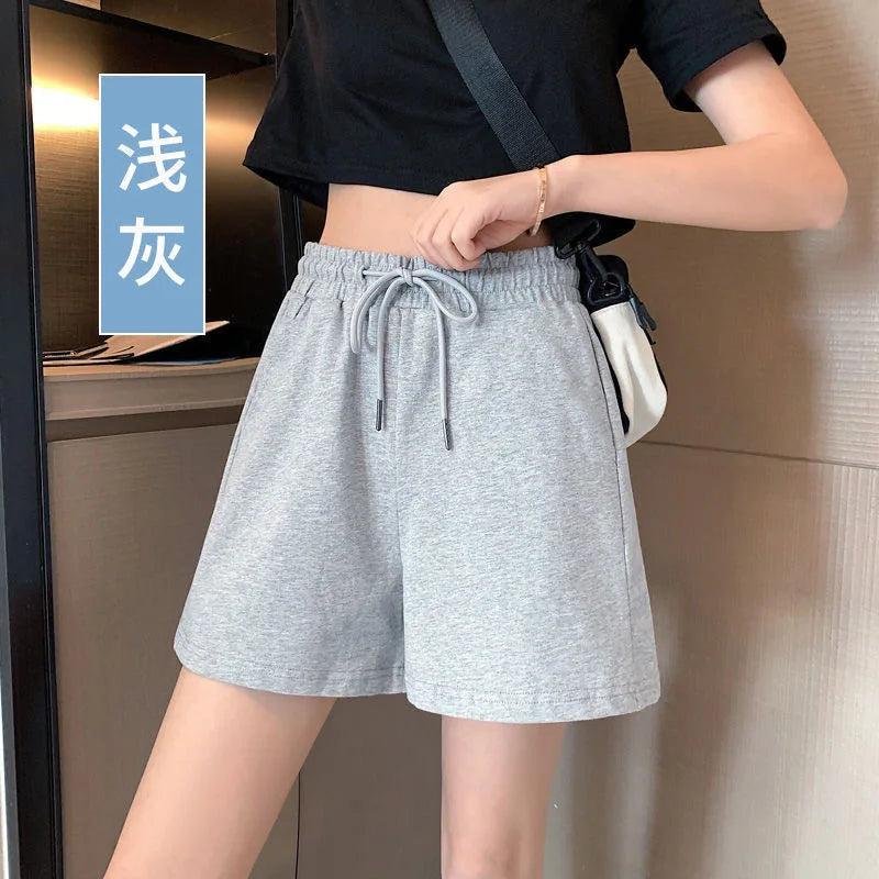 New Arrival Summer Women Casual Shorts High Waist Loose Fit Drawstring Waist Solid Color Hot Pants