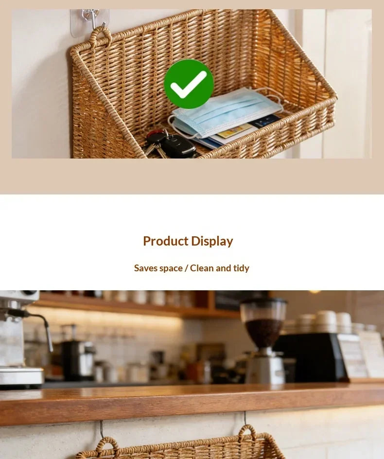 Woven Imitation Rattan Wall Mounted Storage Basket Slanted Shelf Organizer for Kitchen Living Room Bathroom Bedroom Balcony