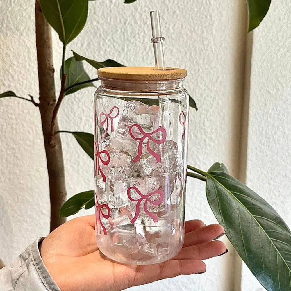 500ml Pink Bow Plastic Cups With Lids And Straws Reusable Bow Aesthetic Cup For Drinking Coffee Tea Cocktail For Party Support