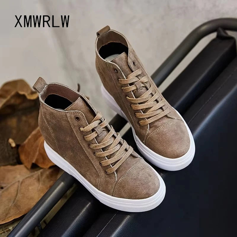 Women's Chunky Sneakers 2025 Winter Genuine Leather Hidden Heels Shoes Warm Plush Platform Sneakers Shoes For Woman Autumn Shoe