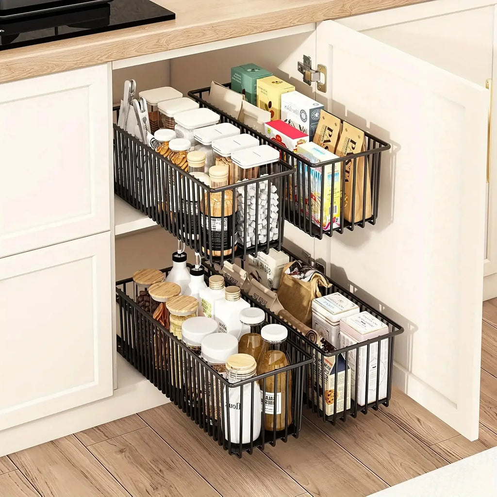 Pull Out Cabinet Organizer Slide Out Drawer Storage Shelves Cupboard Organiser Sliding Cabinet Basket for Kitchen No Drilling