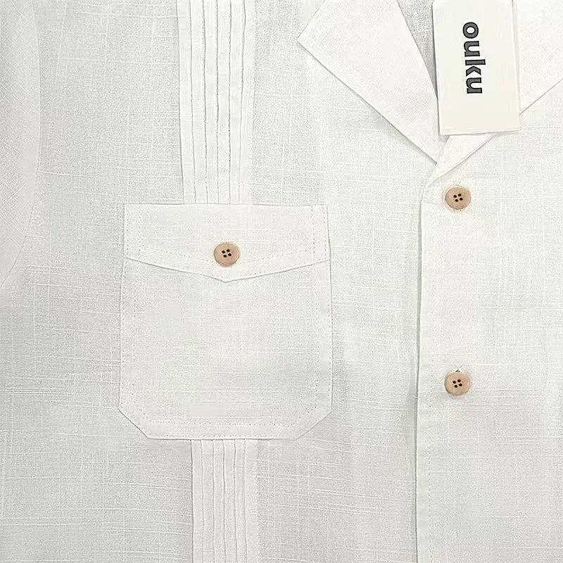 Spring Vintage Cotton Linen Shirts Men's Turn-Down Collar Solid Multi Pocket Patchwork Men Tops Long Sleeve Shirt Male Clothing