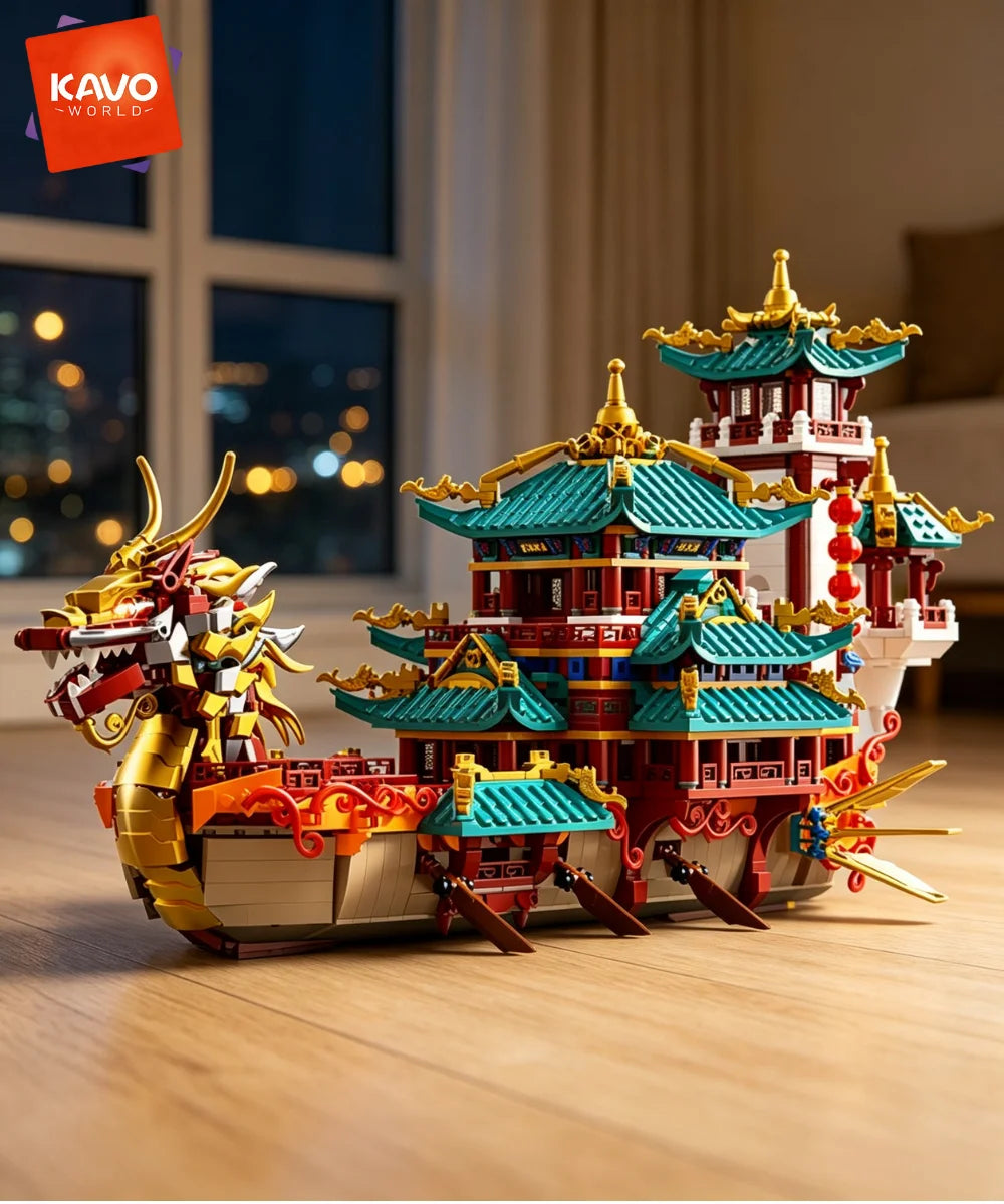KAVOWORLD 2453pcs Dragon Boat Building Blocks Festival Chinese Ancient Pavilion Ship Display Model with LED Light Traditional DIY Loong Vessel Brick Assembly Puzzle Set Home Ornament Architecture MOC Construction Kit Hallowee