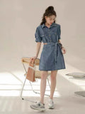 2026 Summer New Slimming Short Sleeve Midi Denim Dress Stylish Trendy Waist Cinching Women's Popular Wear