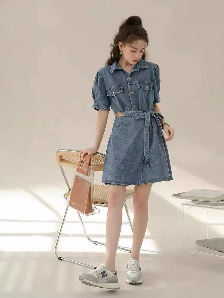 2026 Summer New Slimming Short Sleeve Midi Denim Dress Stylish Trendy Waist Cinching Women's Popular Wear