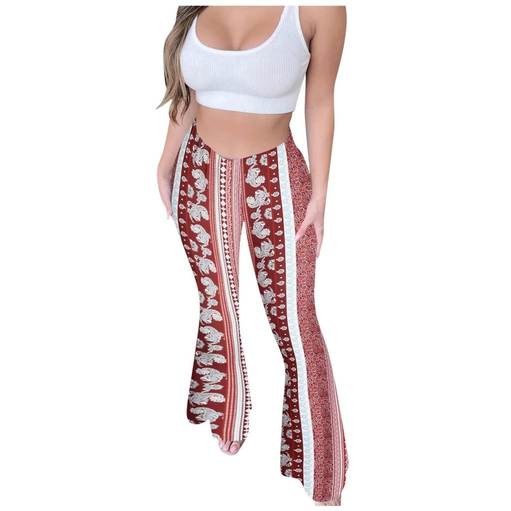 Bohemian Flare Pants for Women High Waisted Stretchy Bell Bottoms Y2K Hippie Style Trousers for Beach Vacation Leggings 2026