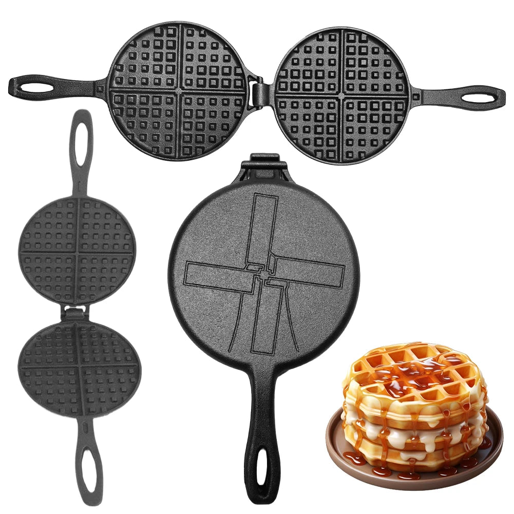 Cast Iron Waffle Maker Pan Non-Stick Waffle Iron Round Waffle Mold Waffle Cake Maker for Stovetop Or Grill