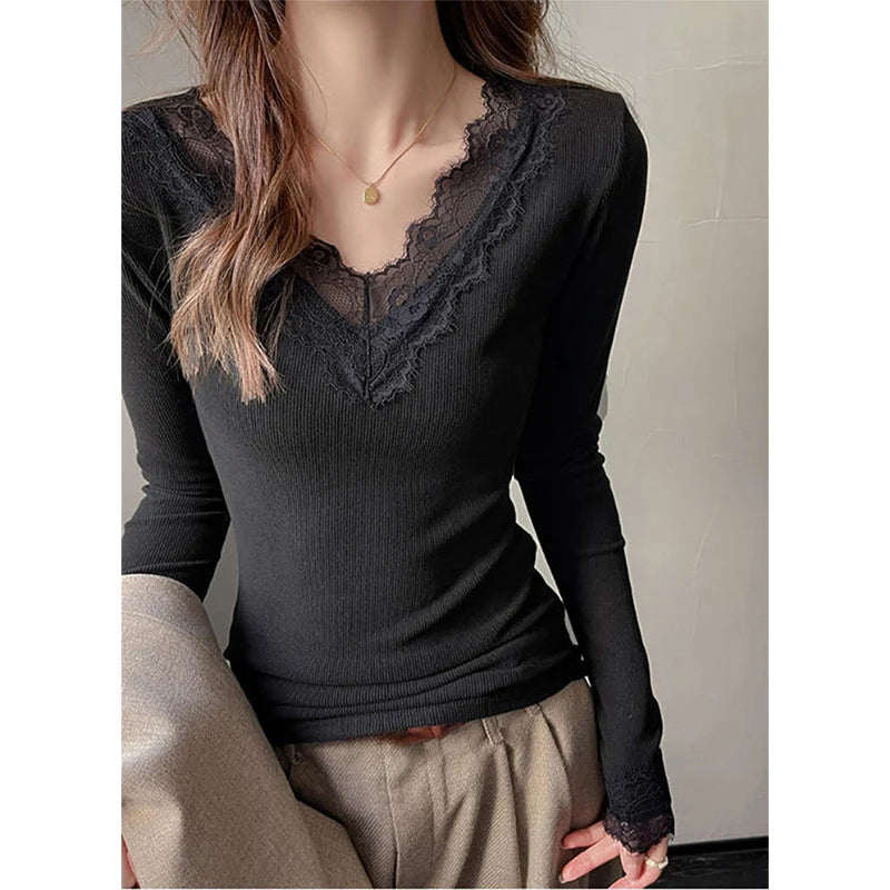 Sexy V-Neck Long Sleeve T-Shirt Women Fashion Lace Patchwork Solid Color Bottoming Shirt Spring Autumn Stretch Slimming Base Tee