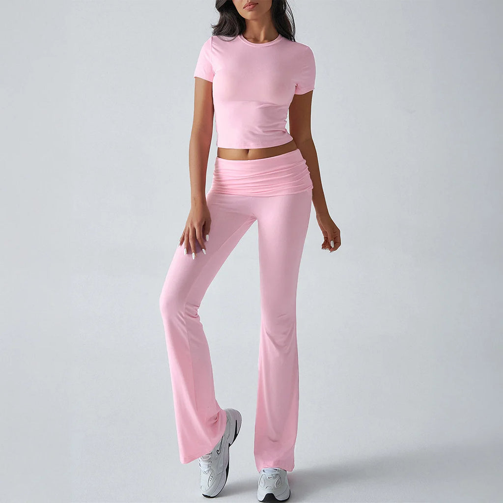 Women's Sexy Tops Suits 2026 Summer Latest Casual Solid Color Yoga Suit Slim Fit Sports Short Sleeved Pants Two-Piece Set Outfit