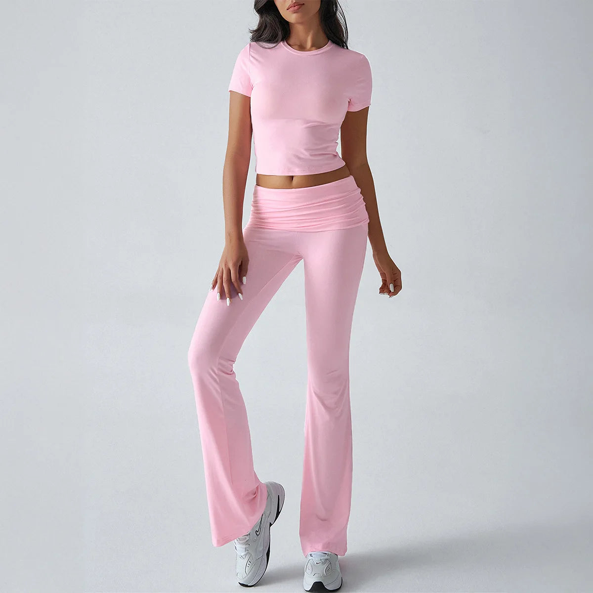 Women's Sexy Tops Suits 2026 Summer Latest Casual Solid Color Yoga Suit Slim Fit Sports Short Sleeved Pants Two-Piece Set Outfit