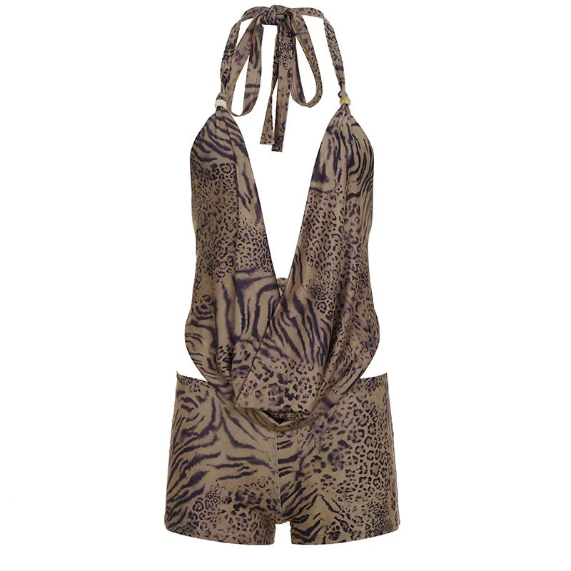 Women Sexy Leopard Print 2 Piece Set Swinging Collar Lace Up Halter Backless Tank Tops + Shorts Holiday Matching Suits Clubwear