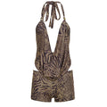 Women Sexy Leopard Print 2 Piece Set Swinging Collar Lace Up Halter Backless Tank Tops + Shorts Holiday Matching Suits Clubwear