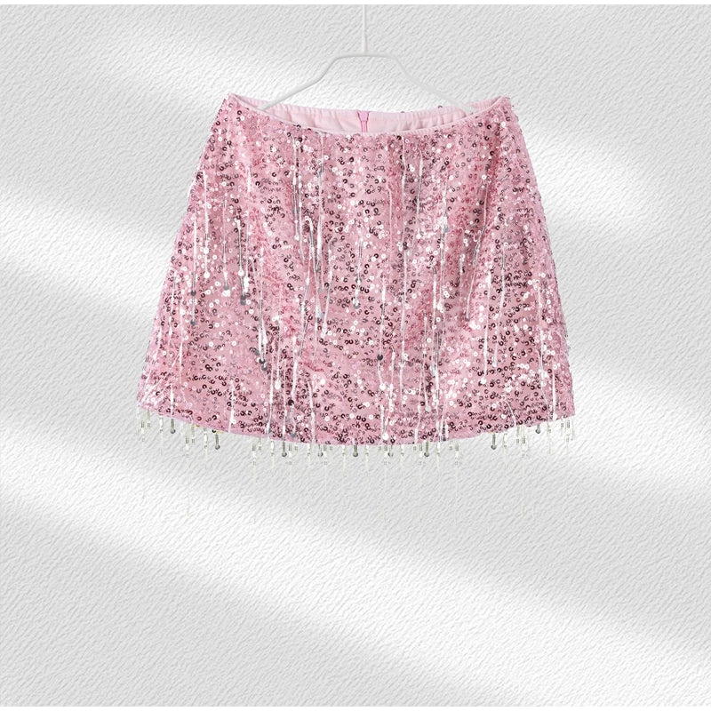 Sexy Tassel Sequins Vest Mini Skirt Women Crop Sling Vests Short Hip Package A-line Skirts 2026 Summer Lady Beach Party Outfits