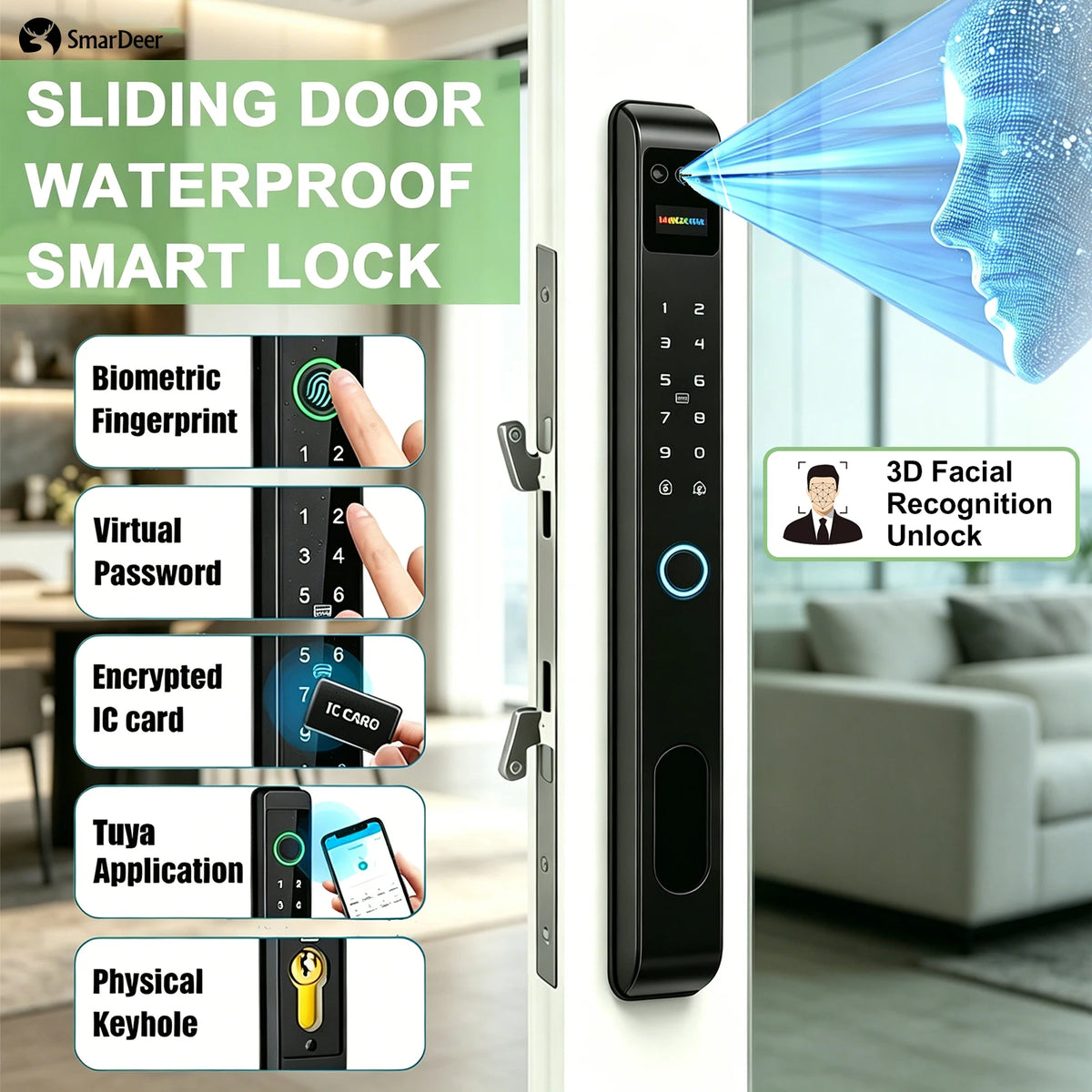 SmarDeer Narrow Frame Smart Door Lock IP65 Waterproof Electronic Lock Face ID Lock for Sliding Door Keyless Fingerprint Lock