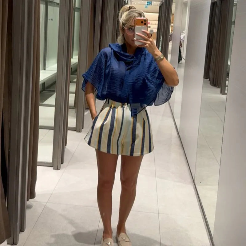 Chic Striped Women's Shorts Loose Mid-Waist Button Pocket Lady Short Pants 2026 Summer Autumn Fashion Female Street Bottoms