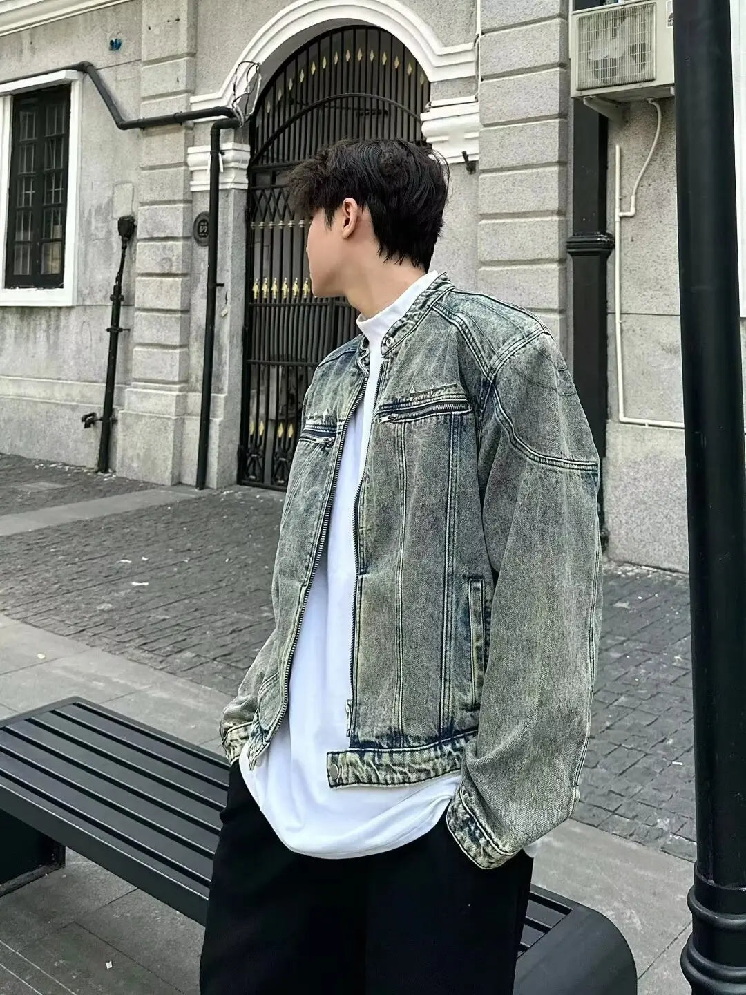 American Vintage Washed Cropped Denim Jacket, Metal Collarless Jacket For Men