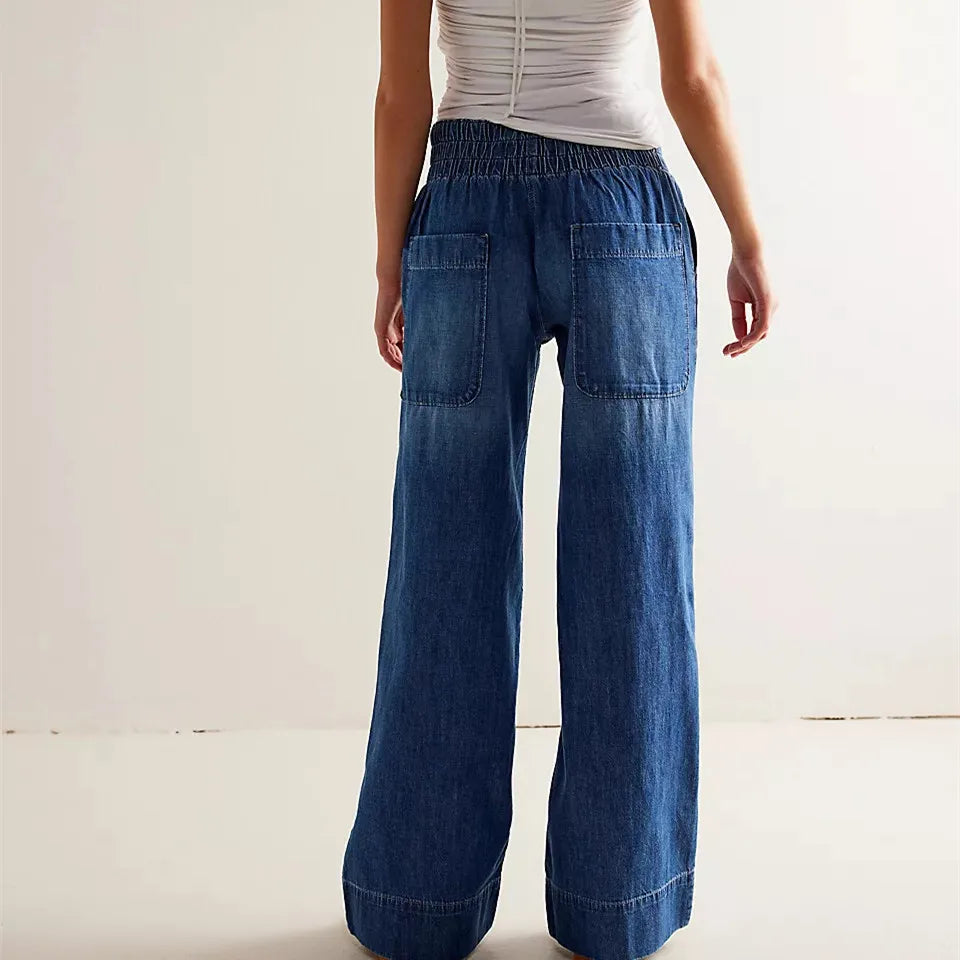 Womens Denim Pull-On Jeans Pockets High Waisted Baggy Straight Leg Stretchy Full Length Trousers Y2K Streetwear
