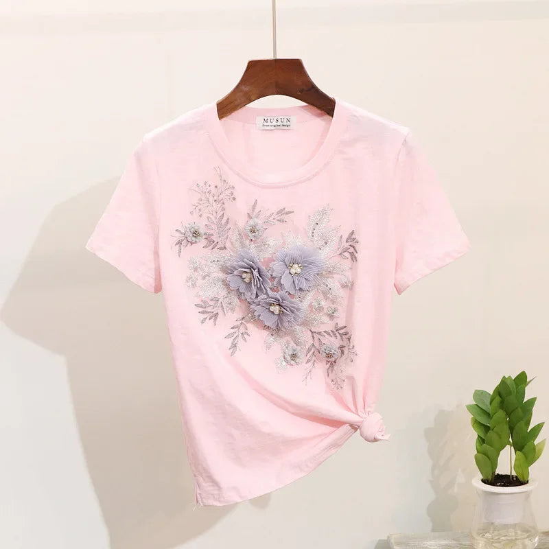 Two-Piece Suit 2025 Summer New Women Denim Pants Beading Embroidery Tshirt Tops+ High Waist Hole Jeans Female Casual Outfits