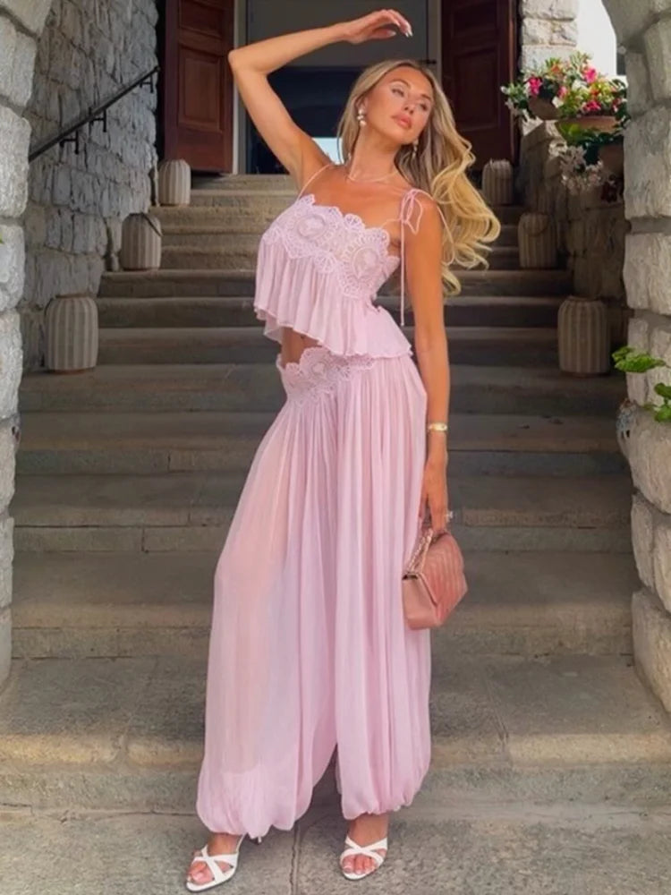 Women Elegant Lace Long Pant Set Square Neck Sheer Ruffle Hem Crop Cami Top High Waist Wide Leg Trousers 2026 Summer Chic Suit