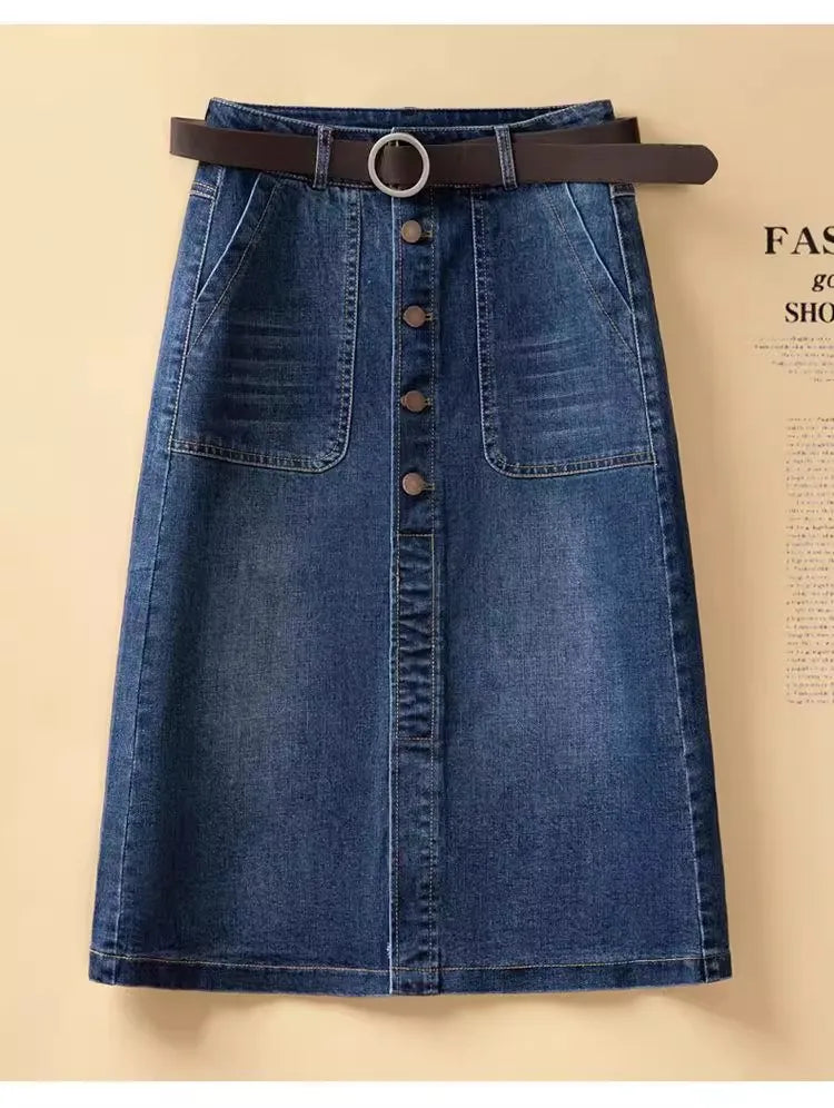 High Waist Washed Cotton Denim Skirt Mid-Length A-Line Women's Skirt Spring Summer New Style Casual Pure Color Button Design