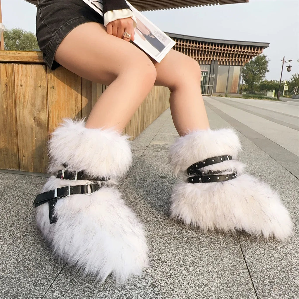 Winter Fur New Design Onepiece Raccoon FurFemale Snow Boots Fur shoes OutdoorMid Leg Boots y2k Cool Pink Girl