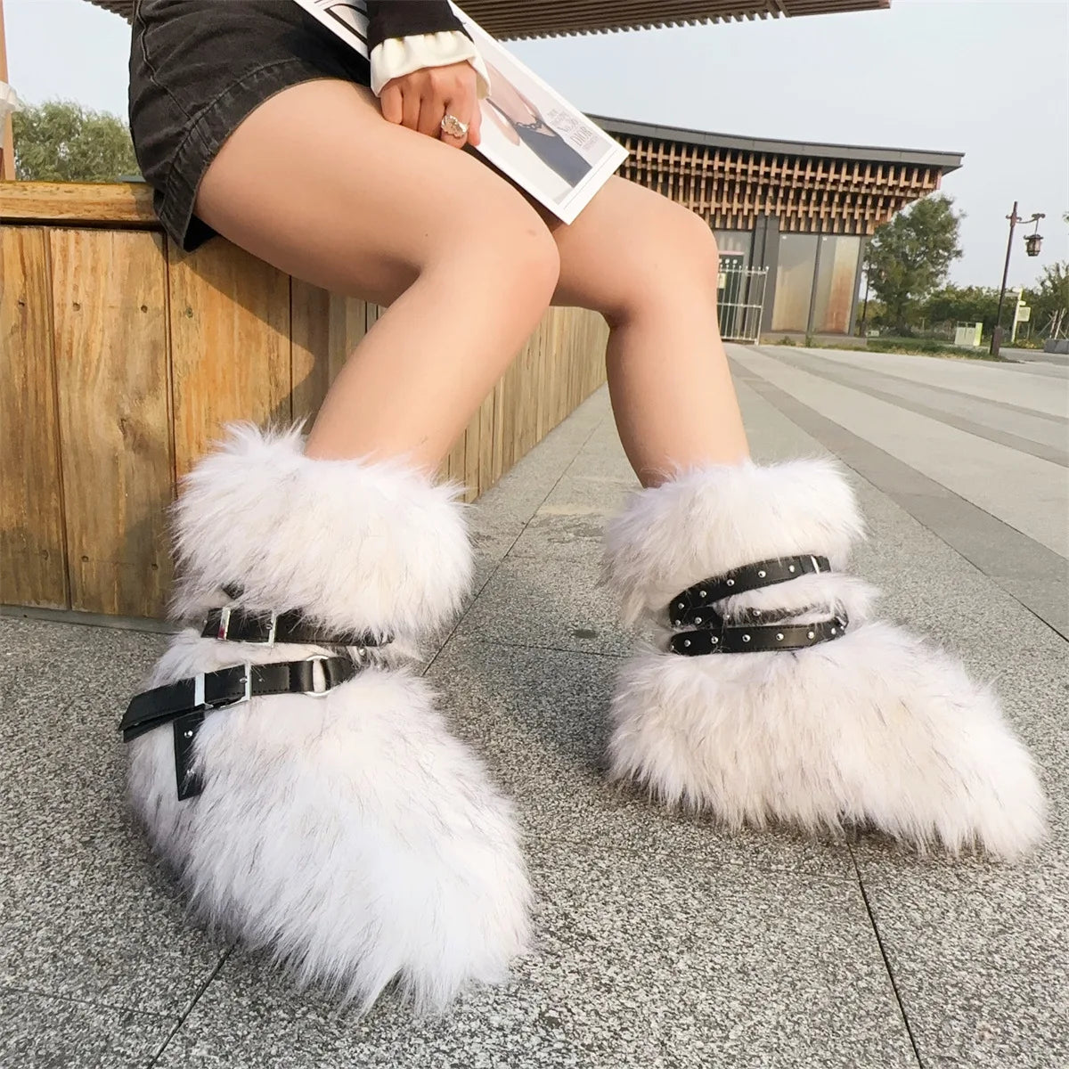 Winter Fur New Design Onepiece Raccoon FurFemale Snow Boots Fur shoes OutdoorMid Leg Boots y2k Cool Pink Girl
