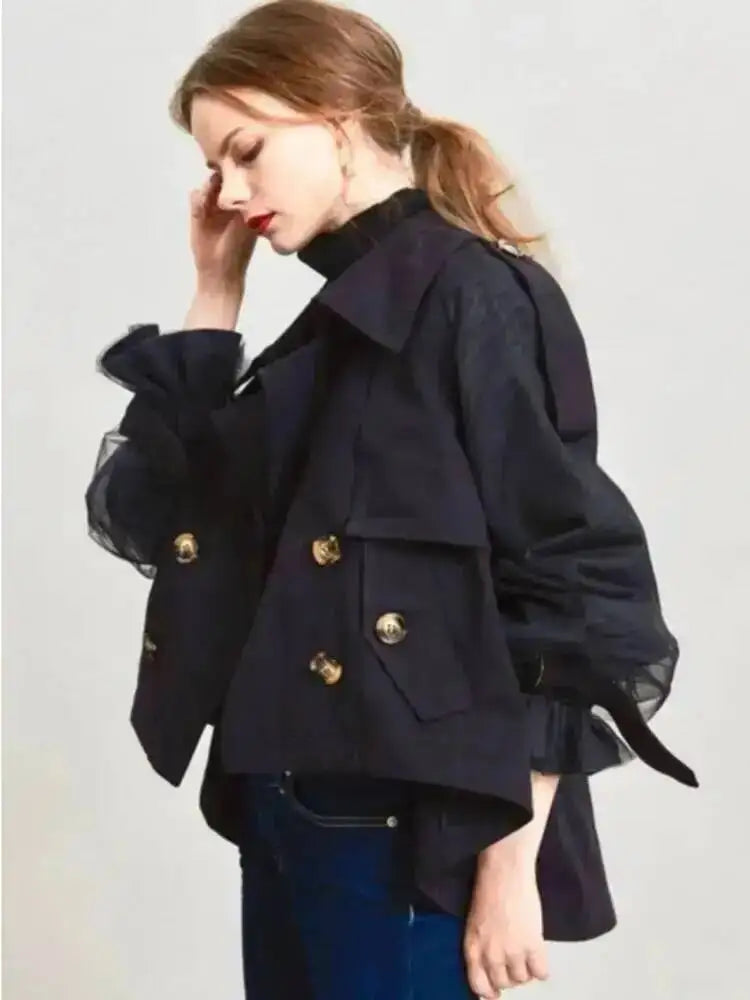 EAM Japanese Style Turn-Down Collar Double Breasted High-Low Hem Cropped Trench Coat Women's Jacket 2026 Autumn New