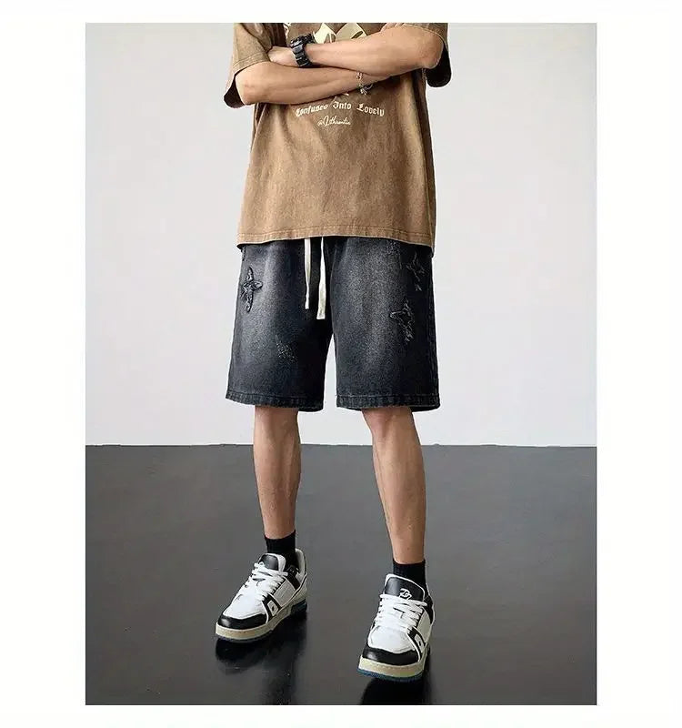 Embroidered Denim Shorts Men's Summer American Retro Street Five-point Pants Trendy Brand Trendy Loose