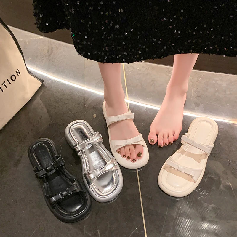 Summer Women Bow Decor Platform Slide Sandals Open Toe Non Slip Comfortable Shoes for Daily Casual Outdoor Beach Wear