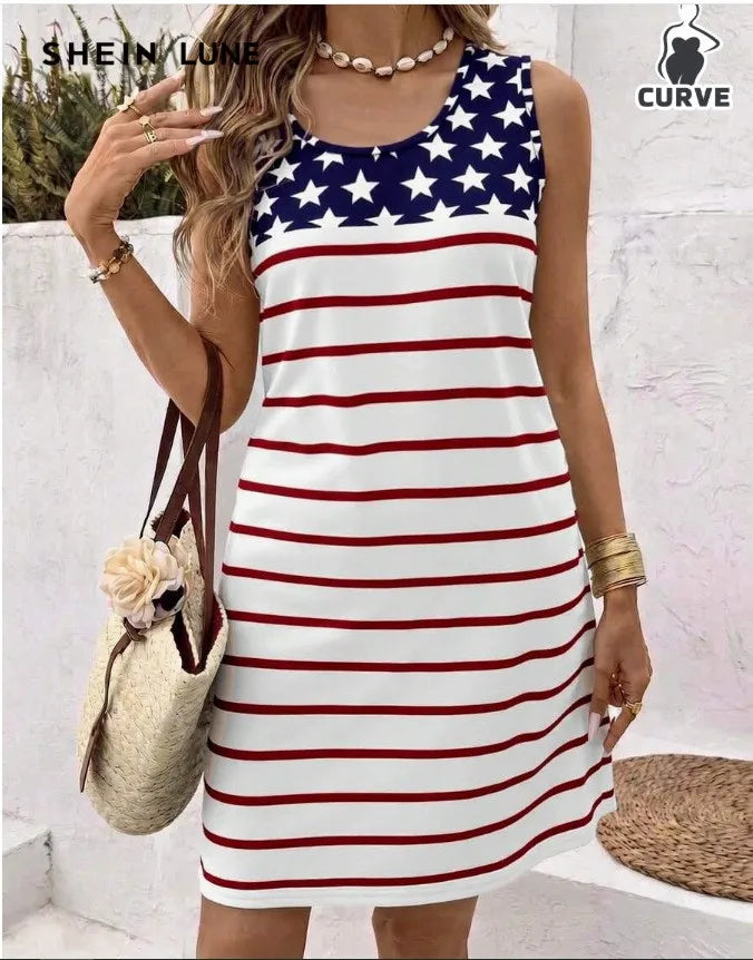 Women's Casual Summer Dress Sleeveless Loose Fit Round Neck Pullover Mid Length 3D Print for Women Beach Camping Hiking Outfit