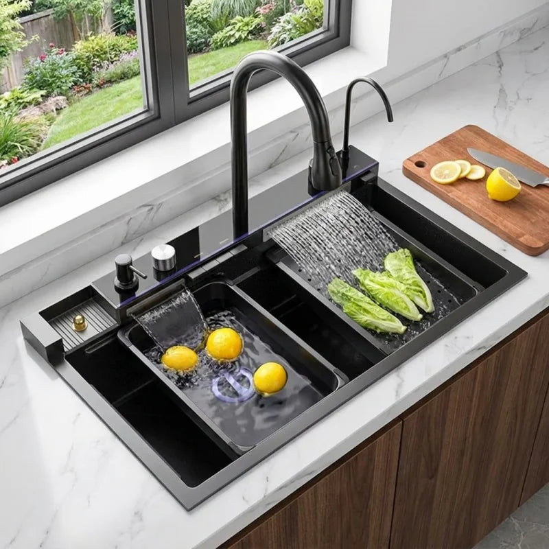 Modern Kitchen Sink Smart Digital Display Single Slot with Cup Washer Stainless Steel Luxury Design for Apartments