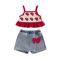Toddler Kids Girls Clothing Set Strawberry Crochet Cami Tops and Bow Denim Skorts Jeans Outfits Set Clothes Children's Set