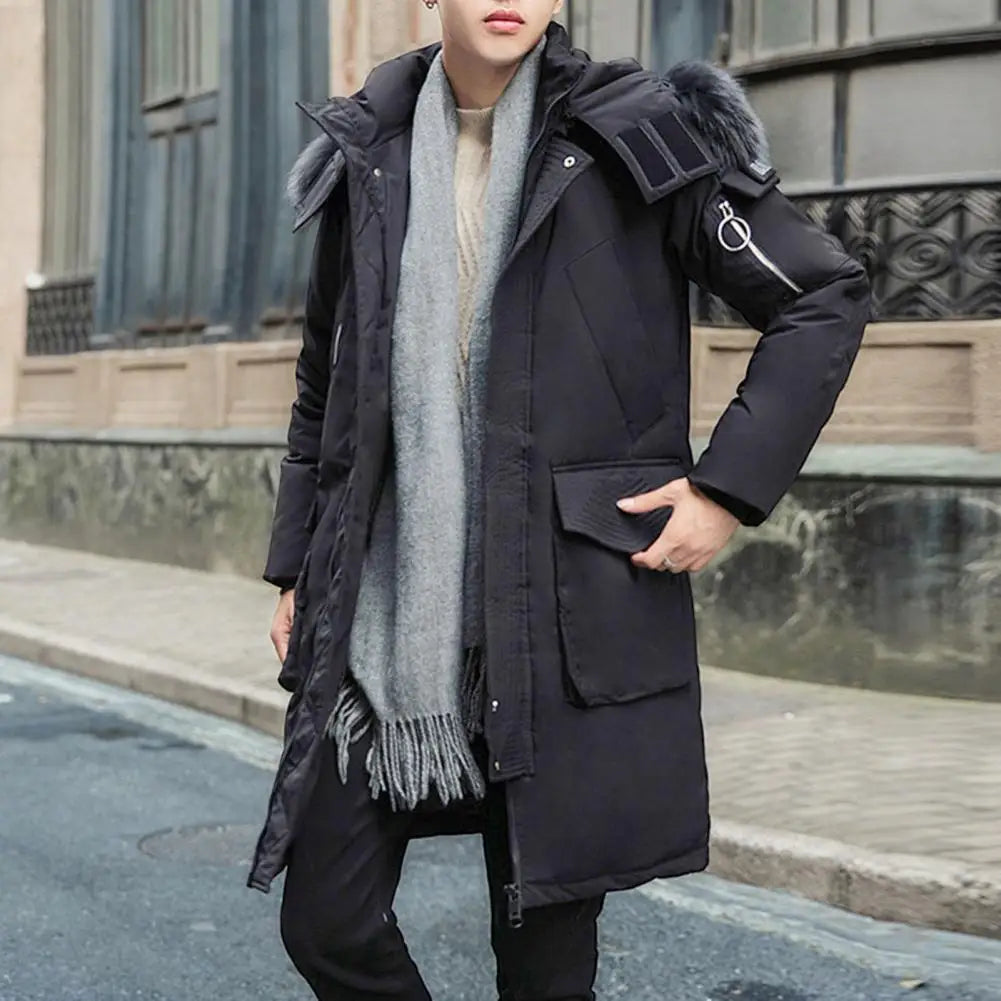 Men Down Jacket Fur Collar Hooded Long Sleeve Solid Color Winter Coat Zipper Placket Pockets Thickened Puffer Outwear