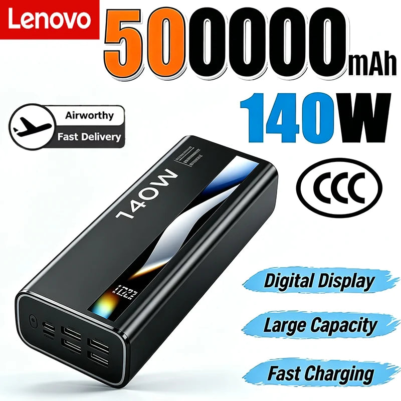 Lenovo 140W Super Fast Charging 500000mAh Ultra Capacity LED Digital Display Portable Battery Charger CCC Powerbank