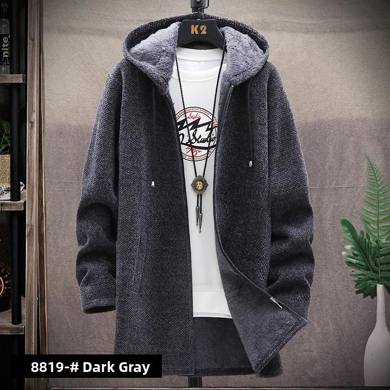 Men's Knitted Sweater Cardigan Thickened Fleece Hooded Casual Style Warm Outerwear Autumn Winter New Arrival Korean Version