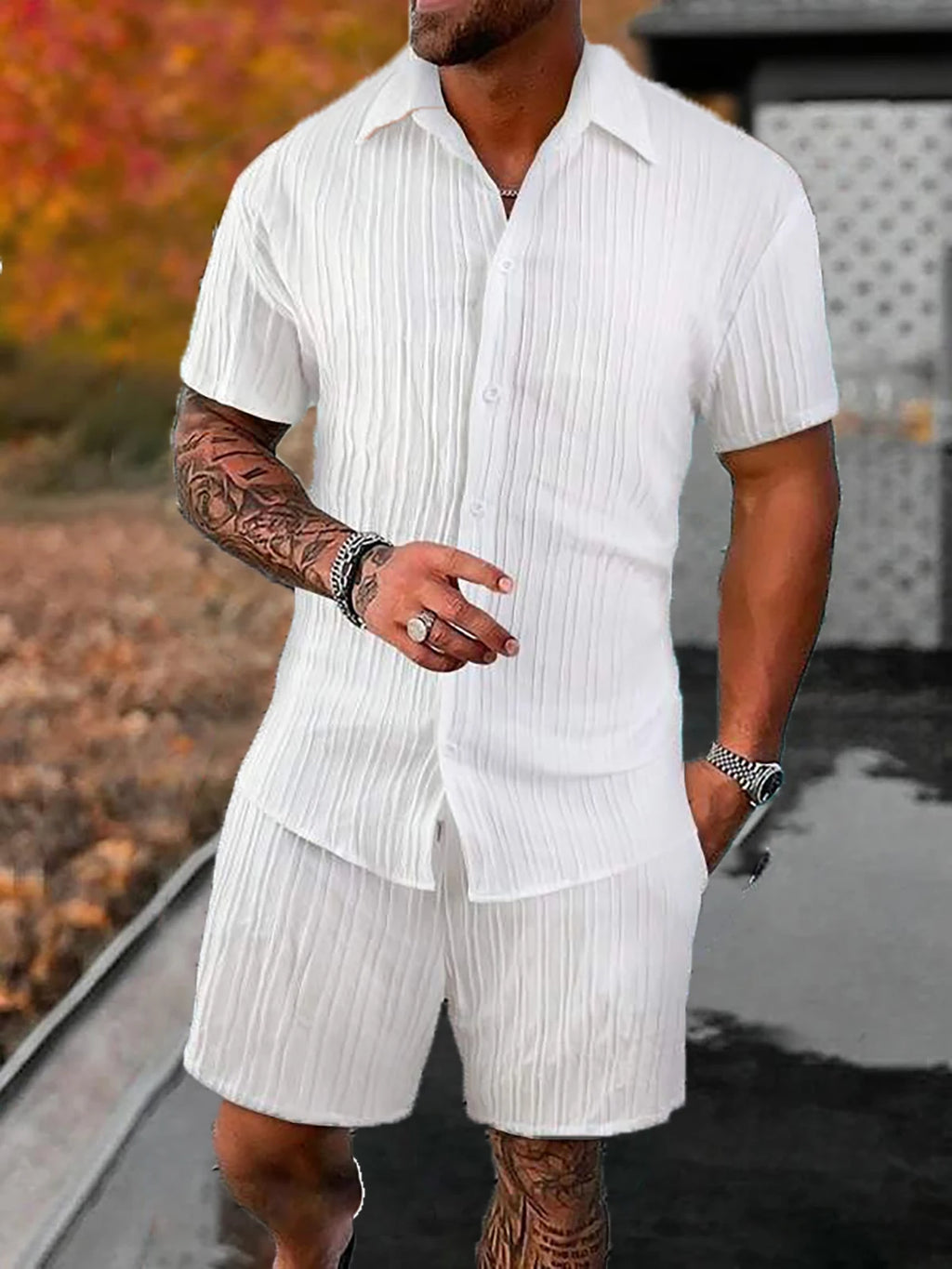 Lazy Street Style Vertical Stripe Slimming Shirt Shorts Two-piece Set No Need To Pair With Autumn Men's Thin Knit Sports Suit