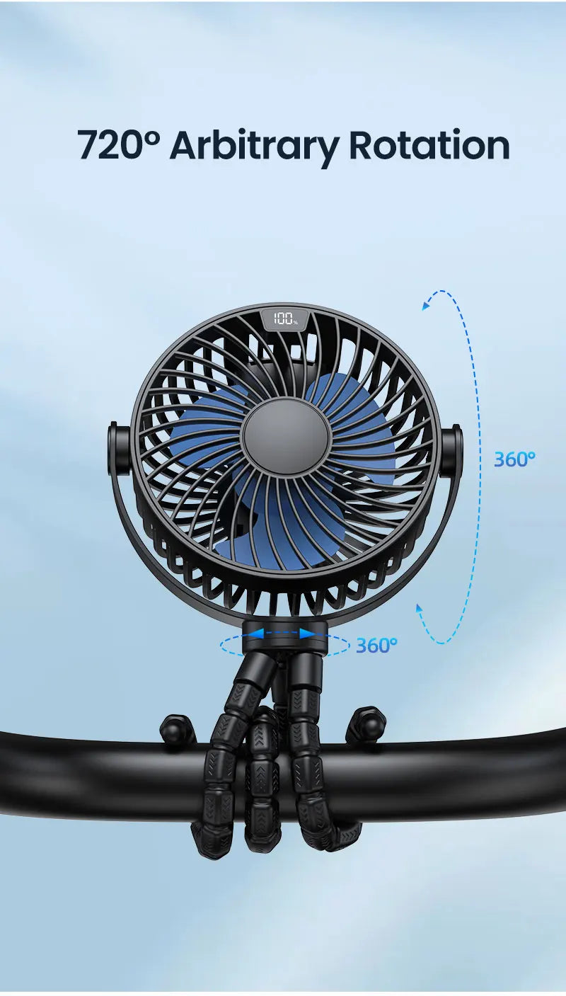 5000mah Stroller Portable Mini Fan USB Rechargeable Outdoor Electric Fan 4 Gear Speed 360°Degree Rotata & Digital Display