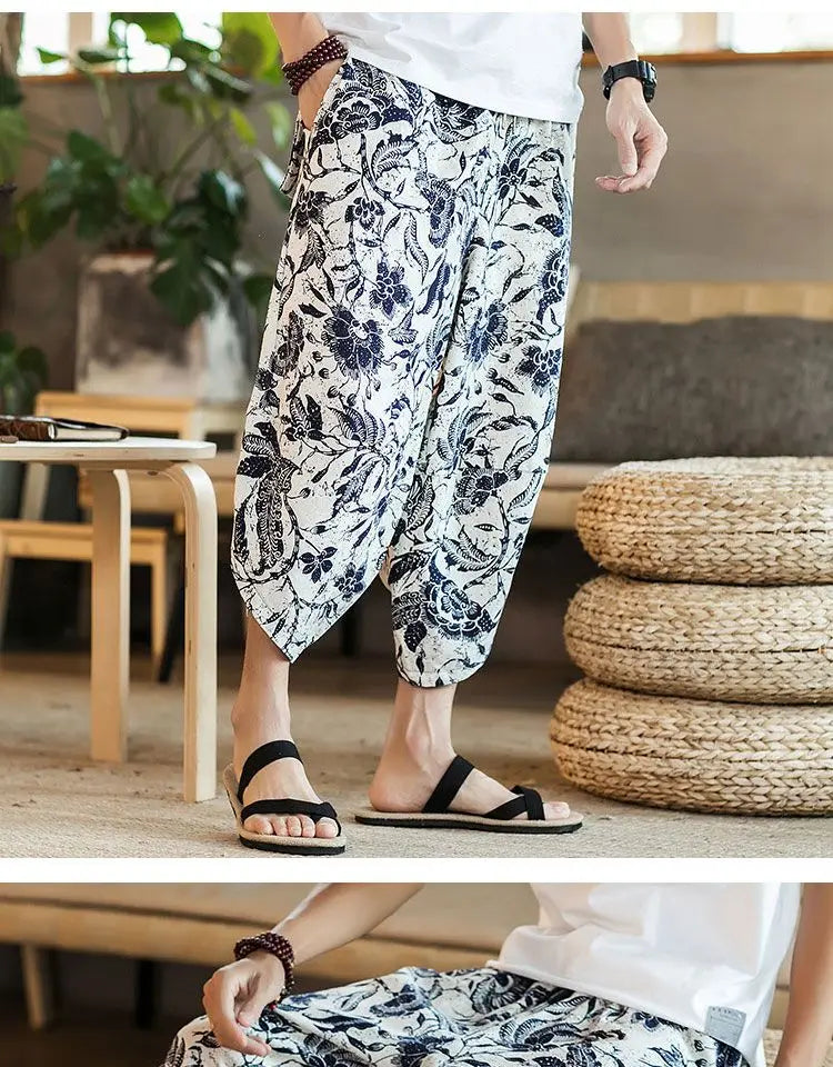 Men's Casual Cotton Linen Seven-Foot Pants Summer plus Size Lantern Loose Fit Shorts Harlan Style Comfortable Breathable Leis...