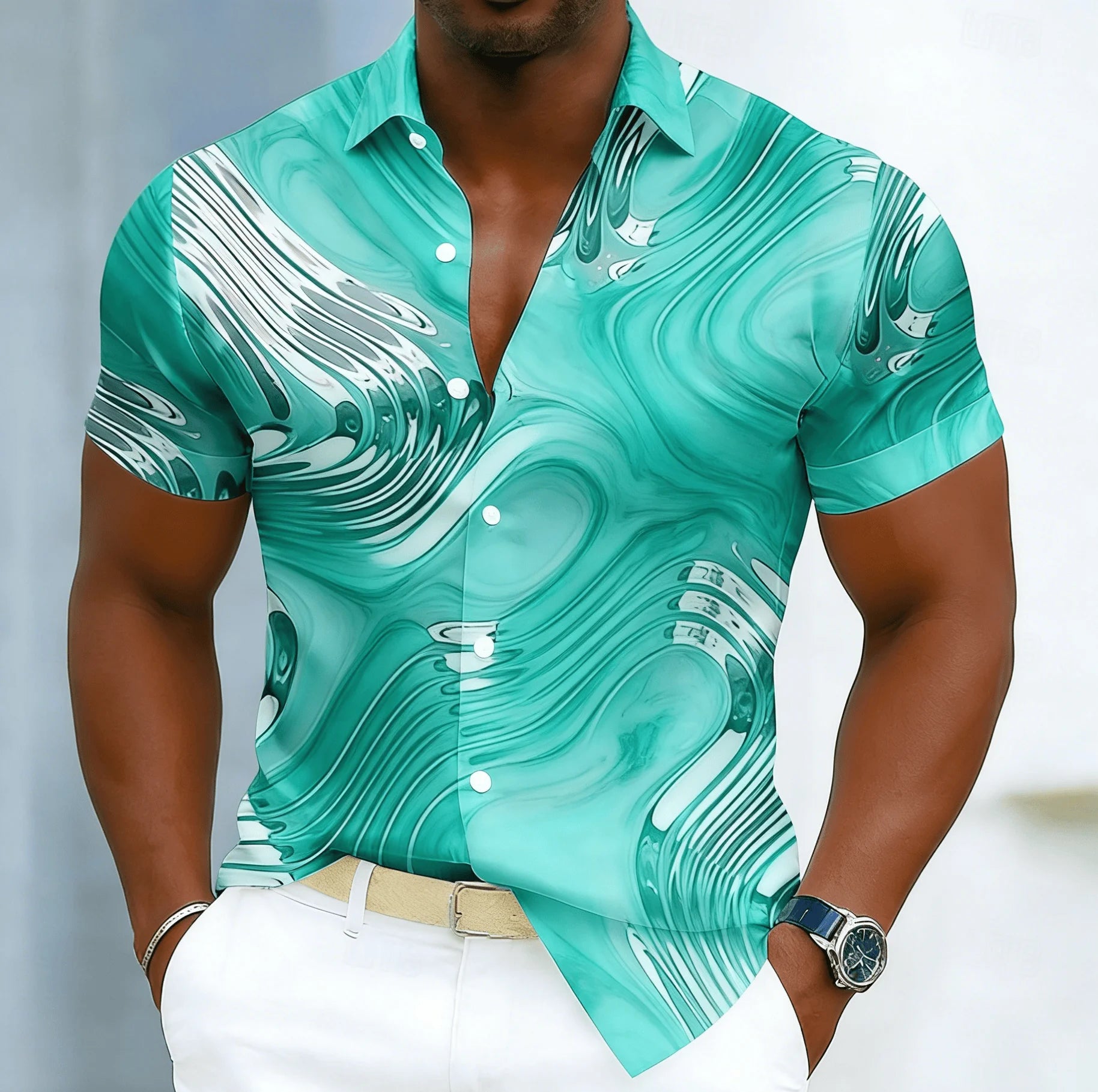 Men's Cyberpunk Fluid Gradient Print Short Sleeve Shirt, Spring Summer Edgy Casual Party Blouse, Loose Casual Top