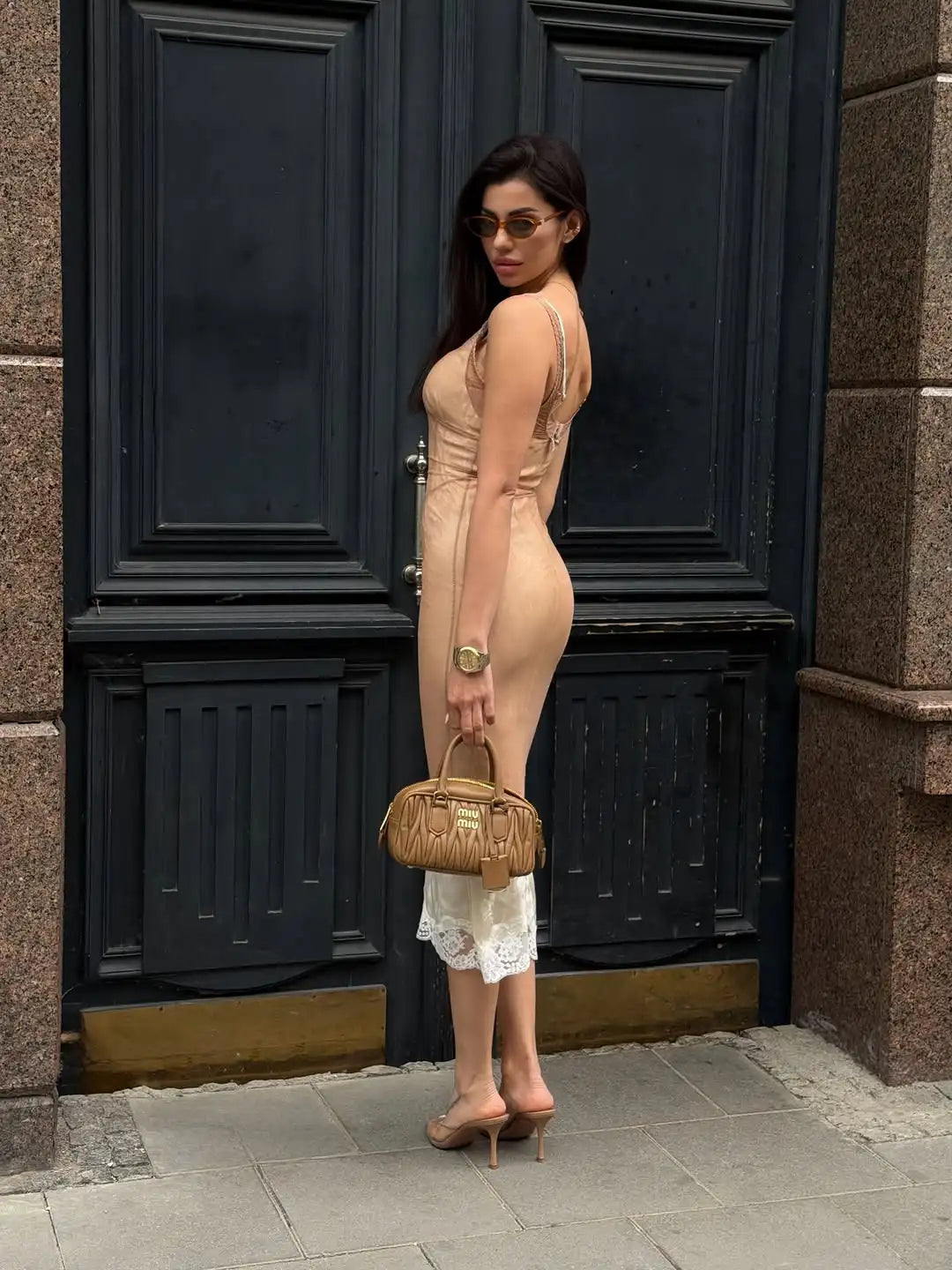 Sexy Nude Fishbone V-neck Dress Women Elegant Sleeveless Pleated Slim Waist-cinching Gown 2026 Summer Party Casual Streetwear