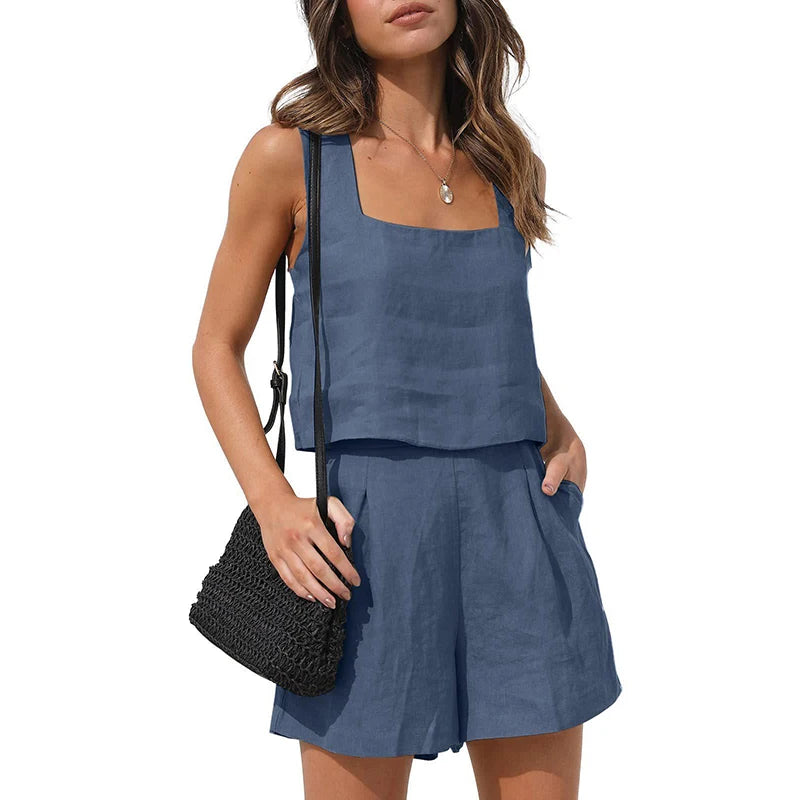 Summer Women's New 2 Piece Sets Simple Casual Solid Color Square Collar Sleeveless Top And Loose Shorts Pant With Pockets Suit