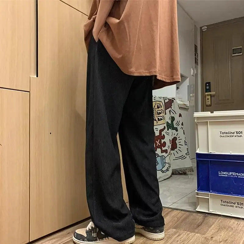 Summer Korean Fashion Simple Ice Silk Wide Leg Pants Men Solid Elastic Waist Pockets Thin High Street Loose Straight Trousers