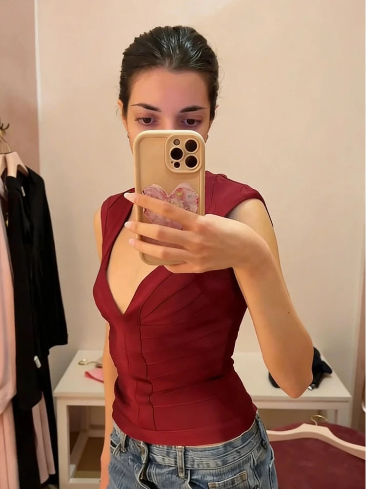 Sexy Slim Women's Blouse Elegant Deep V Neck Sleeveless Bodycon Party Evening Top Female 2026 Summer Fashion New Woman Clubwears