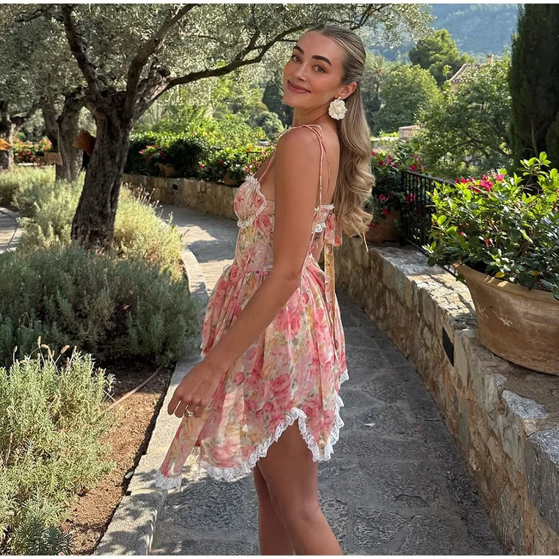 Sexy Print Spaghetti Strap Dresses Women's Sweet Sleeveless Backless Lace-up Puffy Mini Dress 2026 Summer Waist-cinching Gowns
