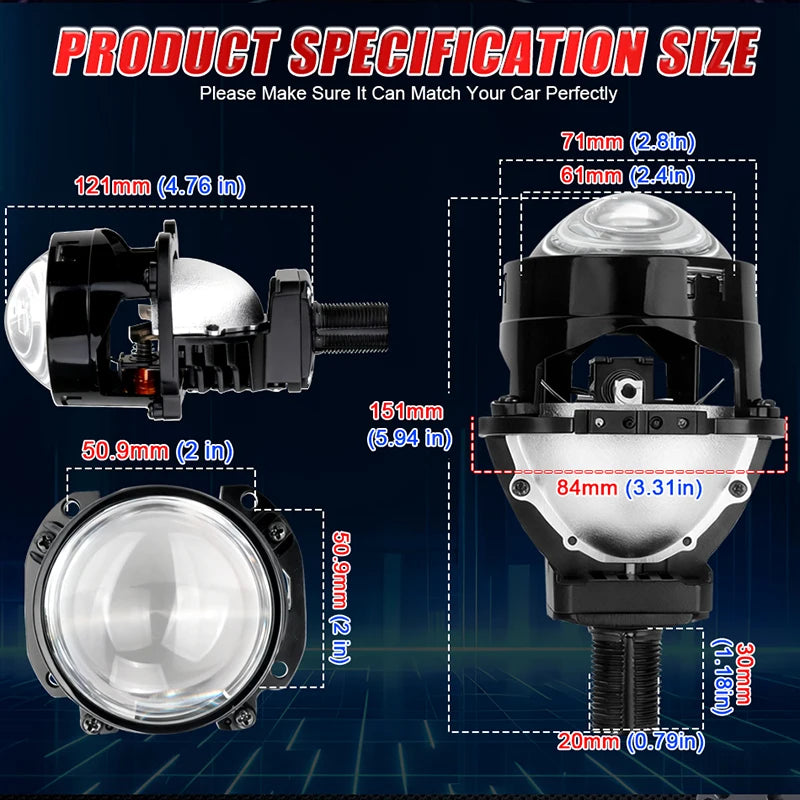 2.5 Inch Bi Led Projector Lens Led Light For H4 H7 9005 9006 Car Headlight Bulbs High Low Beam 6000K Diodes 160W Turbo Auto Lamp
